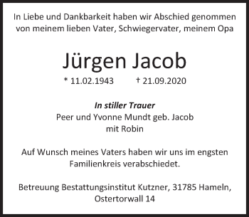 Traueranzeige von Jürgen Jacob von Deister- und Weserzeitung
