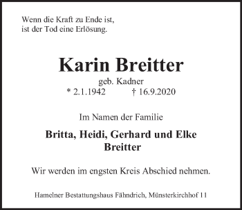 Traueranzeige von Karin Breitter von Deister- und Weserzeitung