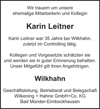 Traueranzeige von Karin Leitner von Neue Deister-Zeitung