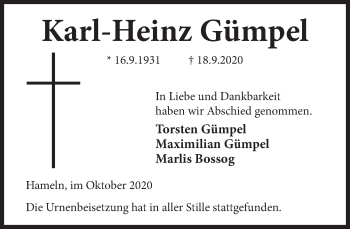 Traueranzeige von Karl-Heinz Gümpel von Deister- und Weserzeitung
