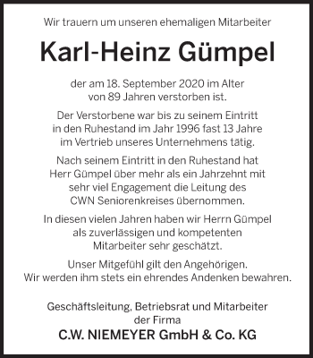 Traueranzeige von Karl-Heinz Gümpel von Deister- und Weserzeitung