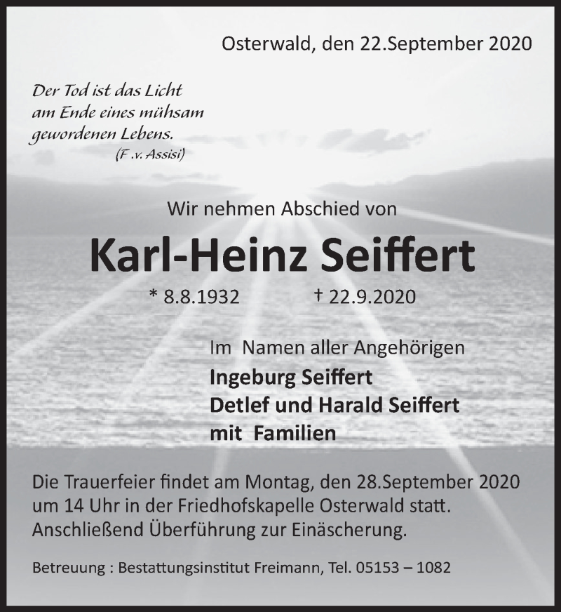  Traueranzeige für Karl-Heinz Seiffert vom 26.09.2020 aus Deister- und Weserzeitung