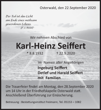 Traueranzeige von Karl-Heinz Seiffert von Deister- und Weserzeitung