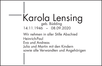 Traueranzeige von Karola Lensing von Deister- und Weserzeitung