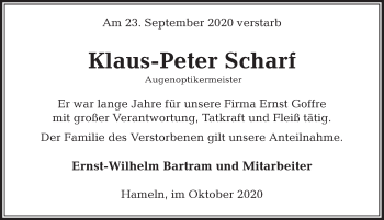 Traueranzeige von Klaus-Peter Scharf von Deister- und Weserzeitung