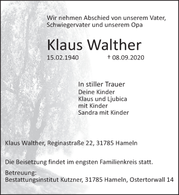 Traueranzeige von Klaus Walther von Deister- und Weserzeitung