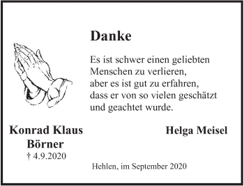 Traueranzeige von Konrad Klaus Börner von Deister- und Weserzeitung