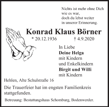 Traueranzeige von Konrad Klaus Börner von Deister- und Weserzeitung