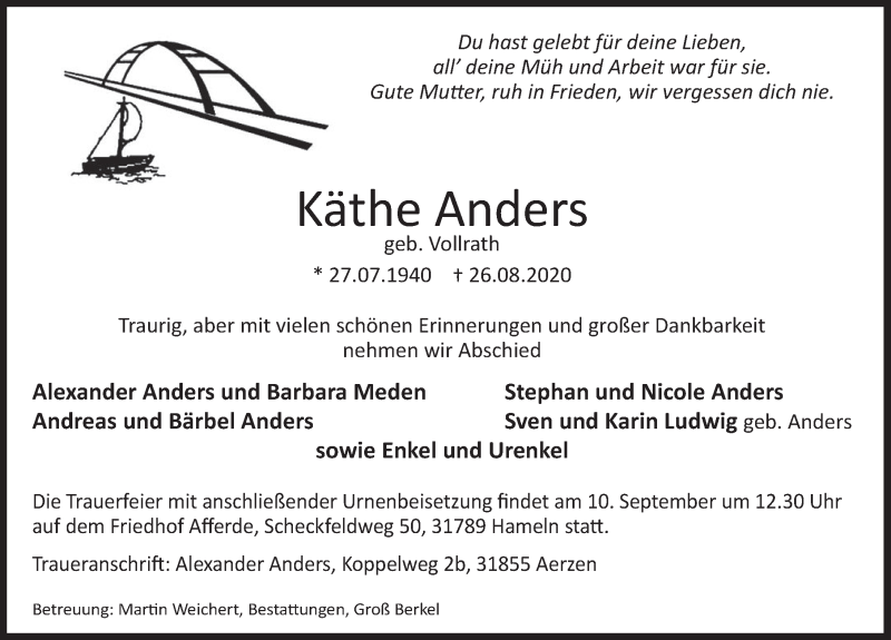  Traueranzeige für Käthe Anders vom 05.09.2020 aus Deister- und Weserzeitung