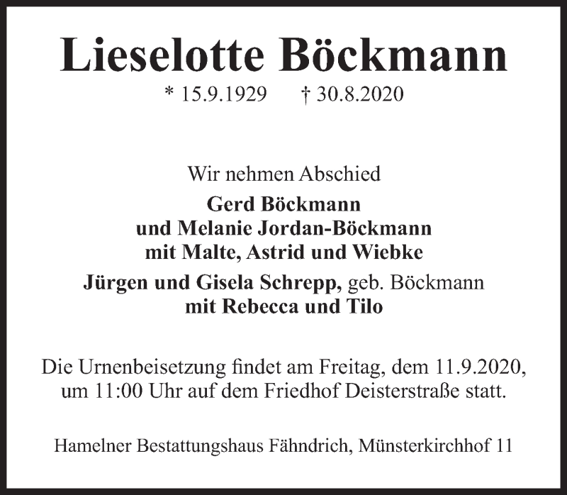  Traueranzeige für Lieselotte Böckmann vom 05.09.2020 aus Deister- und Weserzeitung