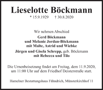 Traueranzeige von Lieselotte Böckmann von Deister- und Weserzeitung