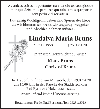 Traueranzeige von Lindalva Maria Bruns von Deister- und Weserzeitung