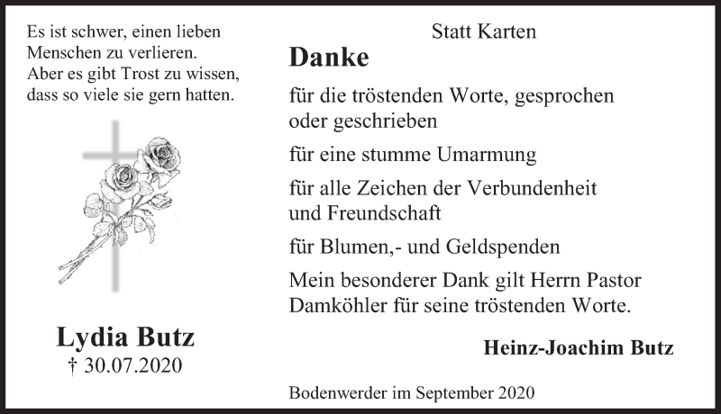  Traueranzeige für Lydia Butz vom 12.09.2020 aus Deister- und Weserzeitung