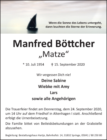 Traueranzeige von Manfred Böttcher von Neue Deister-Zeitung