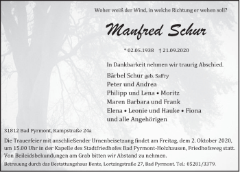 Traueranzeige von Manfred Schur von Deister- und Weserzeitung