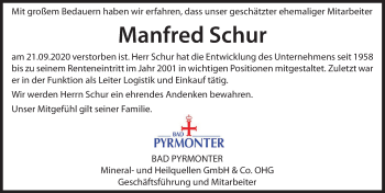 Traueranzeige von Manfred Schur von Deister- und Weserzeitung
