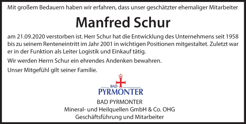  Traueranzeige für Manfred Schur vom 29.09.2020 aus Deister- und Weserzeitung