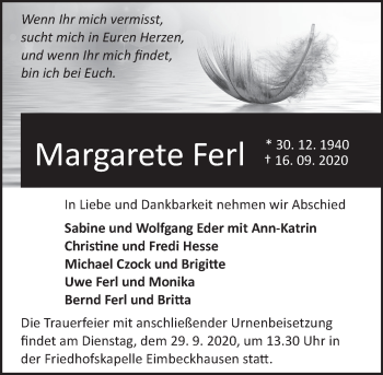 Traueranzeige von Margarete Ferl von Neue Deister-Zeitung