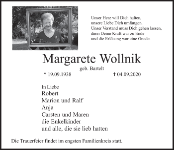 Traueranzeige von Margarete Wollnik von Deister- und Weserzeitung