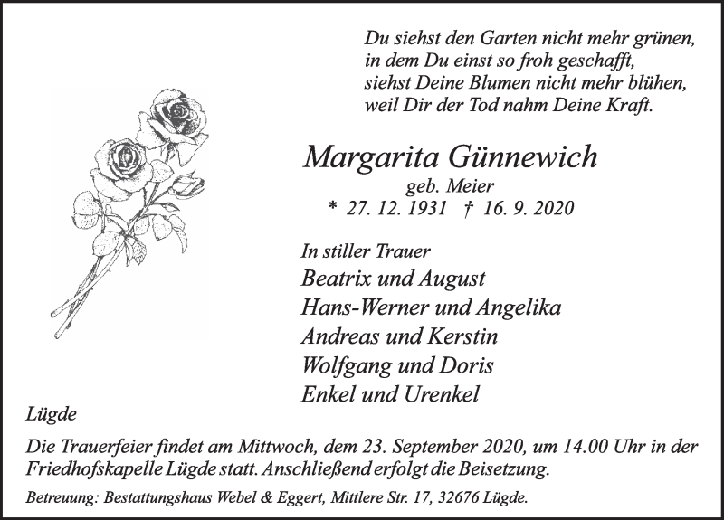  Traueranzeige für Margarita Günnewich vom 19.09.2020 aus Deister- und Weserzeitung