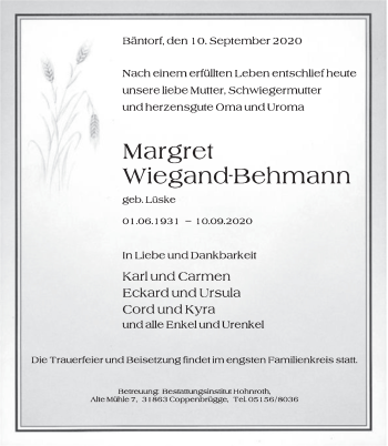 Traueranzeige von Margret Wiegand-Behmann von Deister- und Weserzeitung