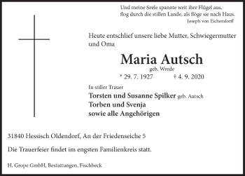 Traueranzeige von Maria Autsch von Deister- und Weserzeitung