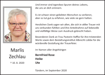 Traueranzeige von Marlis Zechlau von Deister- und Weserzeitung