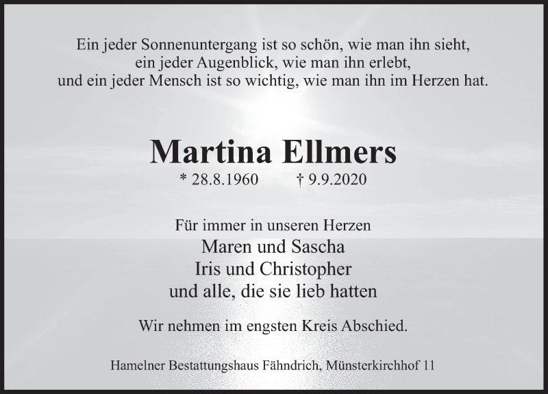  Traueranzeige für Martina Ellmers vom 12.09.2020 aus Deister- und Weserzeitung