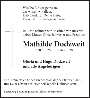 Traueranzeige von Mathilde Dodzweit von Deister- und Weserzeitung
