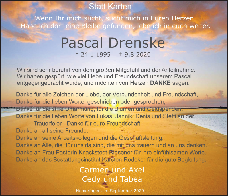  Traueranzeige für Pascal Drenske vom 12.09.2020 aus Deister- und Weserzeitung