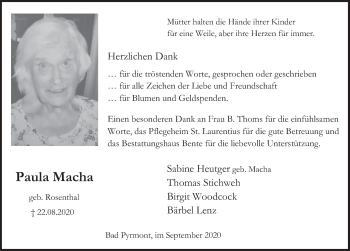 Traueranzeige von Paula Macha von Deister- und Weserzeitung