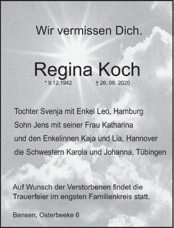 Traueranzeige von Regina Koch von Neue Deister-Zeitung