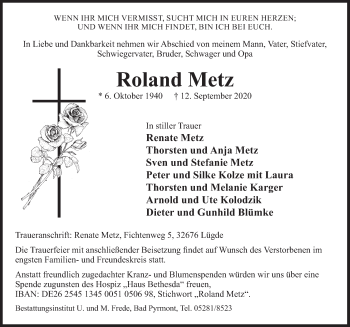 Traueranzeige von Roland Metz von Deister- und Weserzeitung