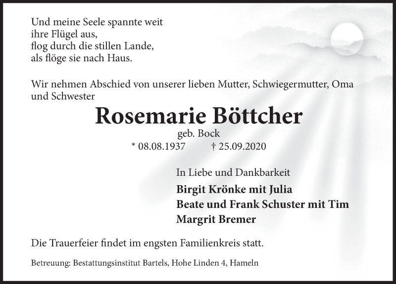  Traueranzeige für Rosemarie Böttcher vom 02.10.2020 aus Deister- und Weserzeitung