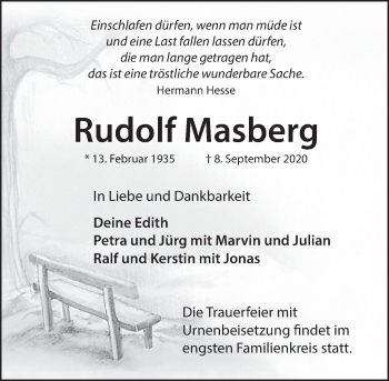 Traueranzeige von Rudolf Masberg von Neue Deister-Zeitung