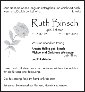 Traueranzeige von Ruth Binsch von Deister- und Weserzeitung