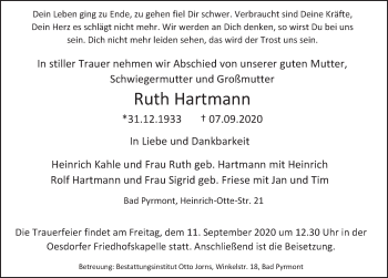 Traueranzeige von Ruth Hartmann von Deister- und Weserzeitung