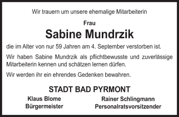 Traueranzeige von Sabine Mundrzik von Deister- und Weserzeitung