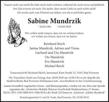 Traueranzeige von Sabine Mundrzik von Deister- und Weserzeitung