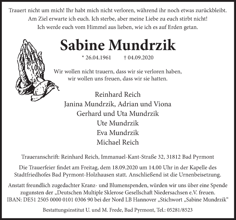  Traueranzeige für Sabine Mundrzik vom 12.09.2020 aus Deister- und Weserzeitung