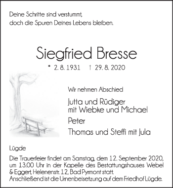 Traueranzeige von Siegfried Bresse von Deister- und Weserzeitung