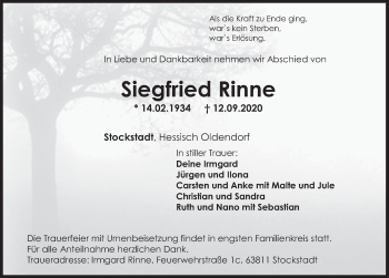 Traueranzeige von Siegfried Rinne von Deister- und Weserzeitung