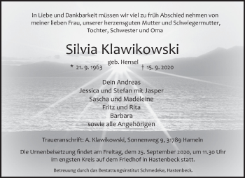 Traueranzeige von Silvia Klawikowski von Deister- und Weserzeitung