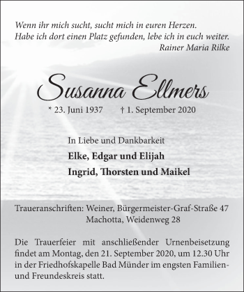 Traueranzeige von Susanna Ellmers von Neue Deister-Zeitung
