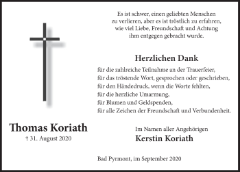 Traueranzeige von Thomas Koriath von Deister- und Weserzeitung