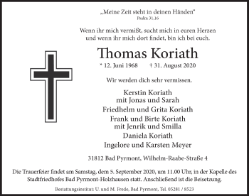 Traueranzeige von Thomas Koriath von Deister- und Weserzeitung