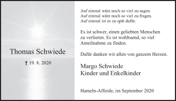 Traueranzeige von Thomas Schwiede von Deister- und Weserzeitung