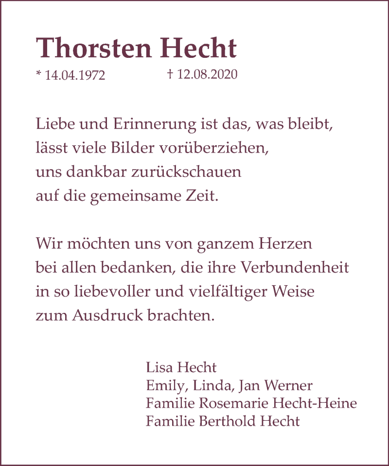 Traueranzeige für Thorsten Hecht vom 12.09.2020 aus Neue Deister-Zeitung