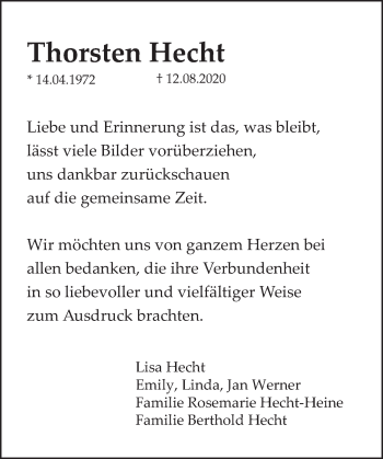 Traueranzeige von Thorsten Hecht von Deister- und Weserzeitung