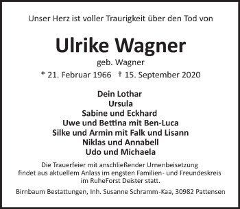 Traueranzeige von Ulrike Wagner von Neue Deister-Zeitung